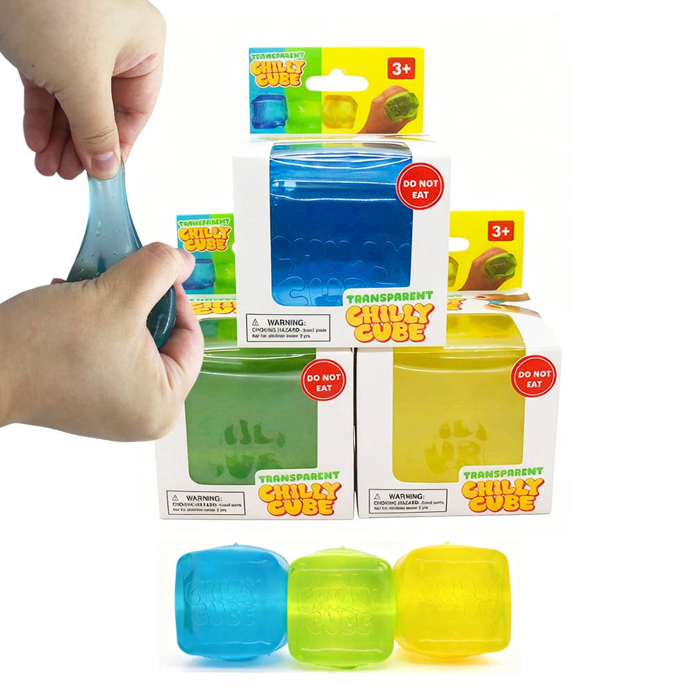 All 3 colours of transparent chilly cubes in and out of their packaging, with one being stretched