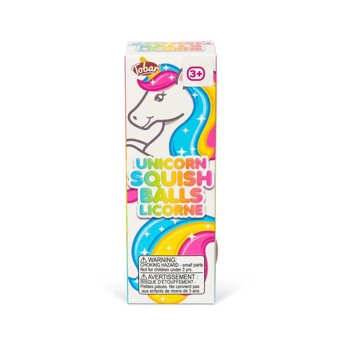Front of Unicorn Squish Balls box by Tobar featuring a rainbow unicorn illustration