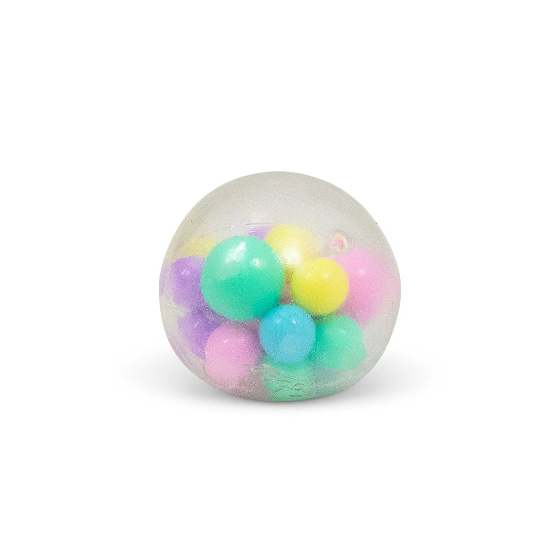 Clear squish ball filled with pastel coloured beads in mint, yellow, pink, lilac and blue