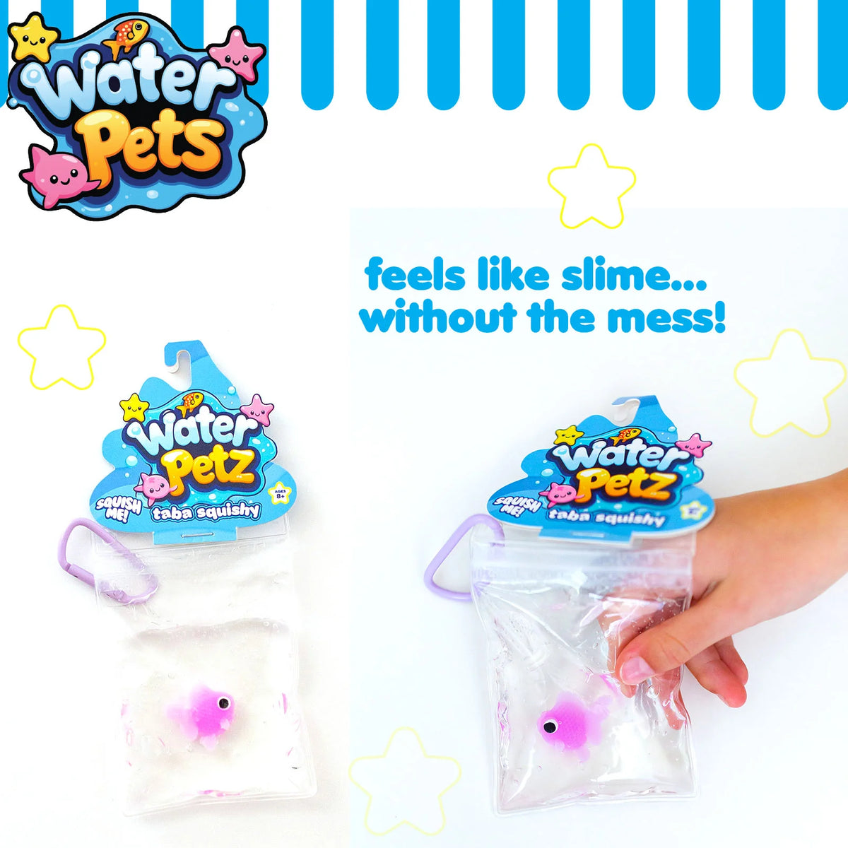 Two packaged Water Petz tabs squishies on a white background with blue decorative stripes and text reading 'feels like slime.