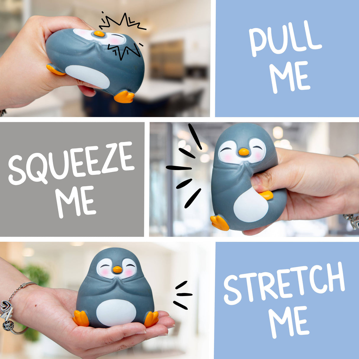Collage showing the Zen-Guin penguin squishy being pulled, squeezed, and stretched