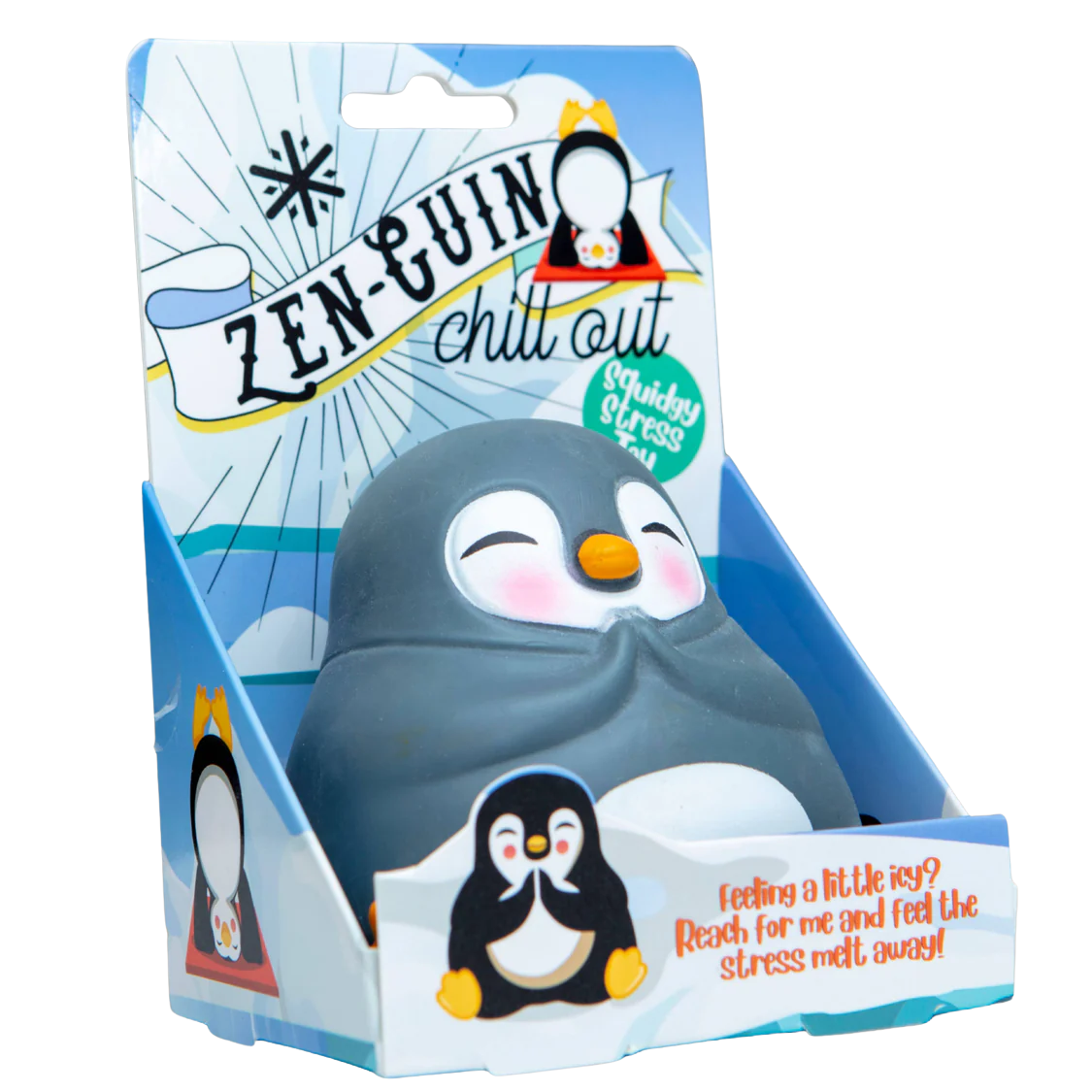 Penguin stress ball in packaging with 'Zen-Guin Chill Out' branding