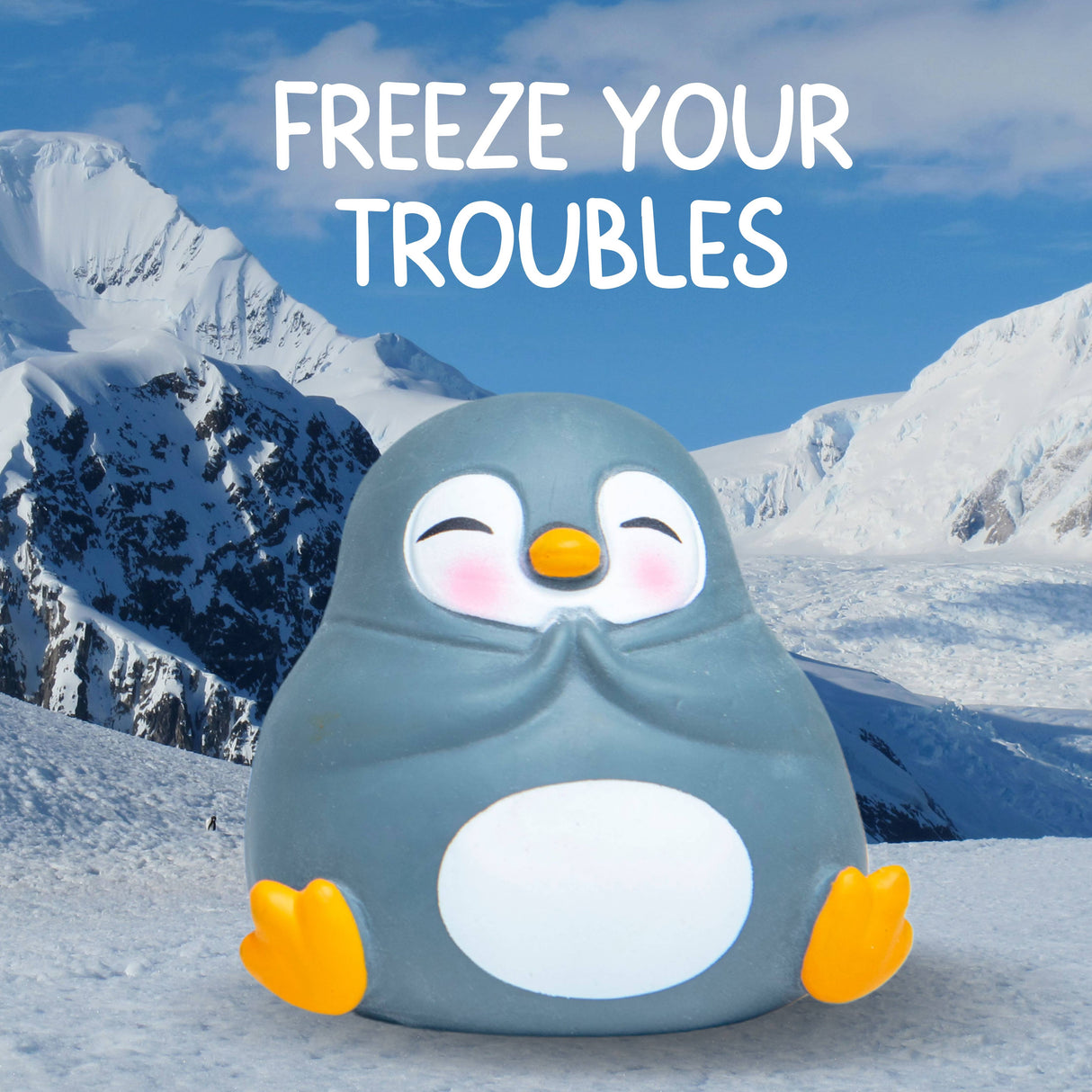 Kawaii Zen-Guin penguin squishy sitting against a snowy mountain backdrop
