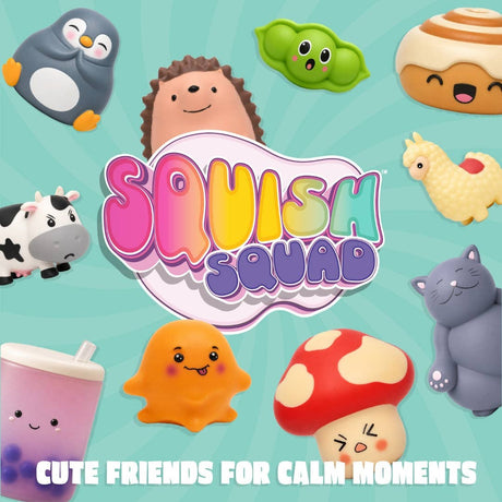 Squish Squad toys with colorful branding on a light blue background