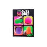 Back of the Nee Doh Teenie Fuzz Ball box showing each ball being squeezed in a hand