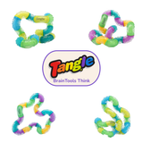 Colorful Tangle toys with the Tangle logo on a white background