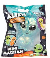Blue glitter Mini Martian squeeze toy in Alien Invasion space-themed polybag packaging