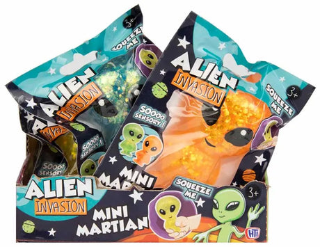 Alien Invasion Mini Martian retail display box with green and orange glitter variants visible
