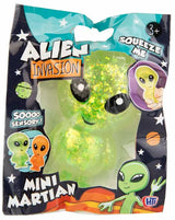 Green glitter Mini Martian squeeze toy in Alien Invasion space-themed polybag packaging