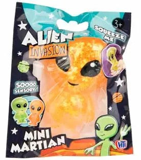 Orange glitter Mini Martian squeeze toy in Alien Invasion space-themed polybag packaging