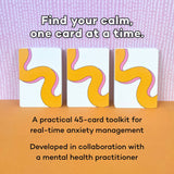 Three cards displayed face-down showing the orange and pink wave pattern card back design with text overlay reading find your calm one card at a time