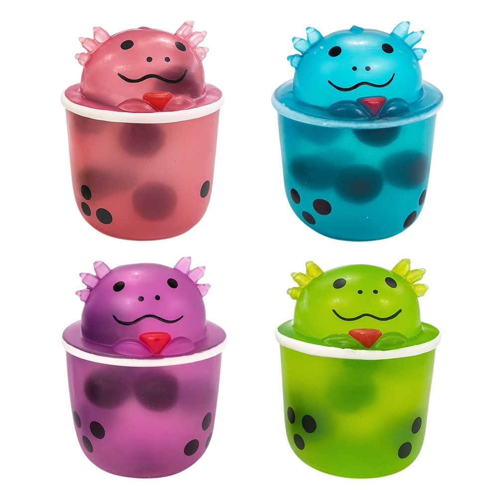 Four axolotl boba tea squish toys in blue, pink, purple and green.