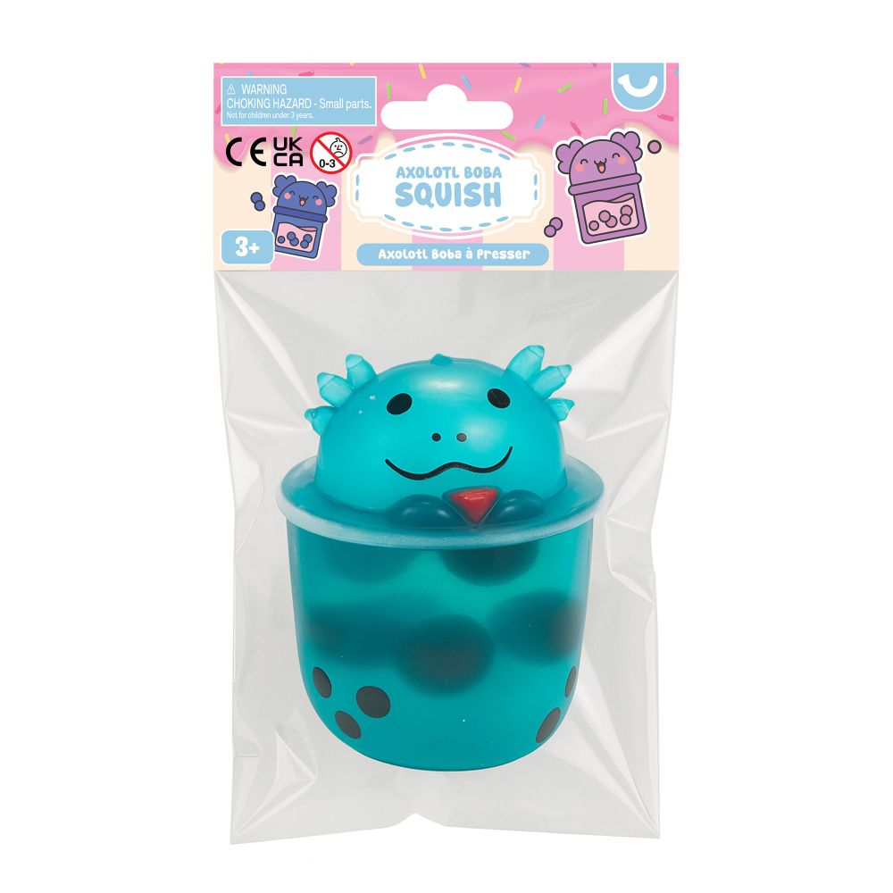 Blue axolotl boba tea squish toy in packaging