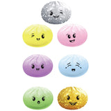 Seven bao bun squishy fidget toy faces, colourful mystery sensory toys with cute expressions