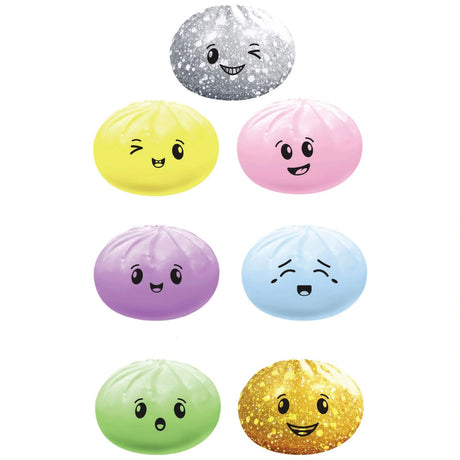 Seven bao bun squishy fidget toy faces, colourful mystery sensory toys with cute expressions