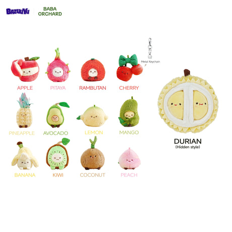 Character guide showing twelve BazuuYu Baba Orchard scented fruit plush keychains plus the rare hidden durian design