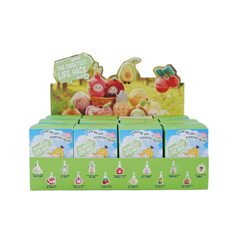 BazuuYu Baba Orchard retail display box of 12 blind boxes with a character key showing all scented fruit designs