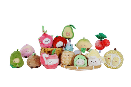 Full collection of BazuuYu Baba Orchard scented fruit plush keychains including dragon fruit, avocado, cherry, apple, pineapple, kiwi and banana designs on a white background