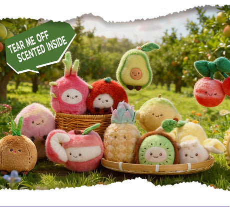 BazuuYu Baba Orchard fruit plush characters styled in an orchard scene with a Tear Me Off Scented Inside label