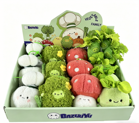 BazuuYu Vegetable Family retail display box containing five plush vegetable pendants including garlic, broccoli, mushroom, bok choy and celery