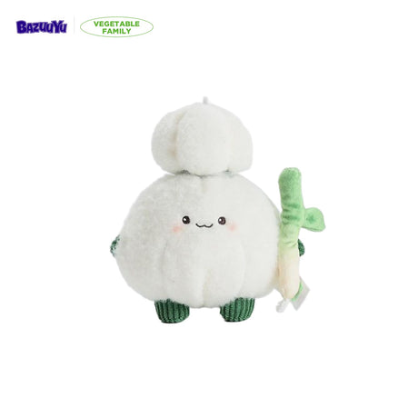 BazuuYu Mr Garlic plush pendant, a fluffy white garlic bulb with a smiling face and a small scallion charm