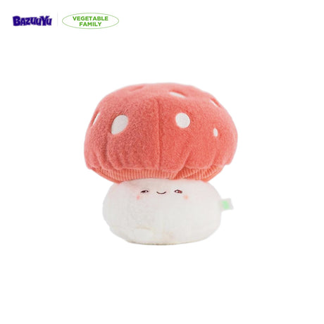 BazuuYu Mushroom Buddy plush pendant with a red and white polka dot cap and a smiling face