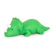 Bright green Big Squij Dino triceratops squishy toy standing alone with white horns