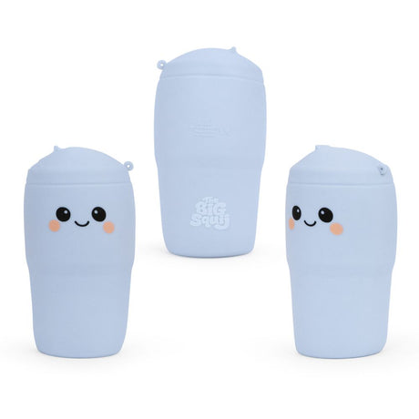 Blue Big Squij Tumbler squishy toy shown from front, back and side angles
