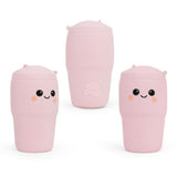 Pink Big Squij Tumbler squishy toy shown from front, back and side angles