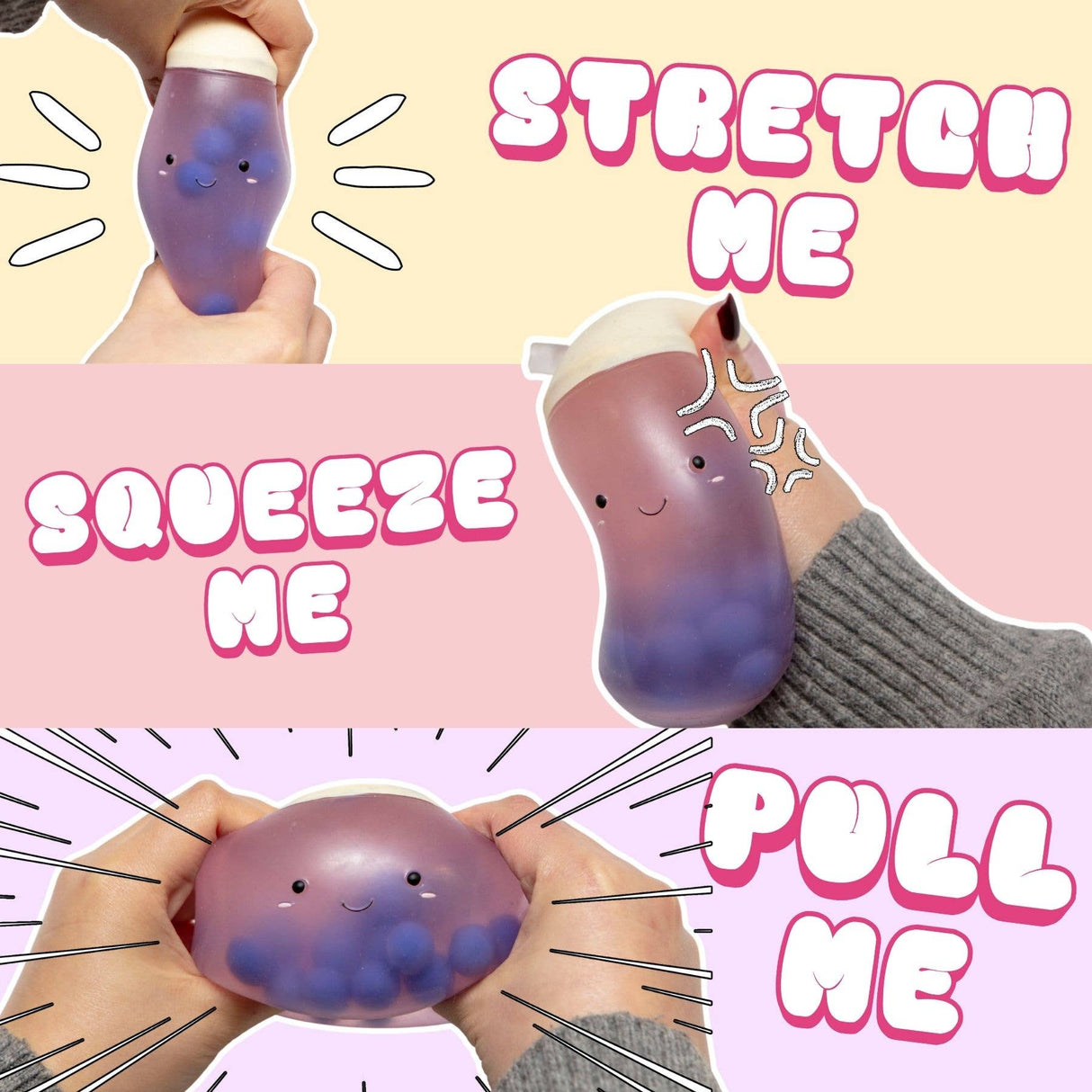 Collage showing the Boba Squish-Tea squishy being stretched, squeezed, and pulled