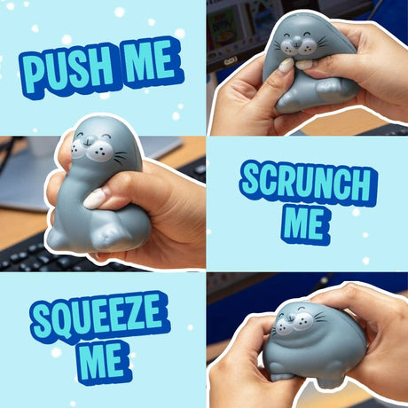 A 2x2 collage showing a small gray seal-shaped squishy toy being squeezed by hands, with text overlays reading 'PUSH ME', 'SCRUNCH ME', 'SQUEEZE ME' on a light blue background.
