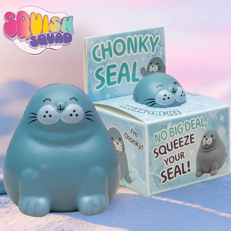 A blue seal-shaped squishy toy sits in front of its branded display box. The box is light blue with the words 'CHONKY SEAL' and 'NO BIG DEAL, SQUEEZE YOUR SEAL!' printed on it.