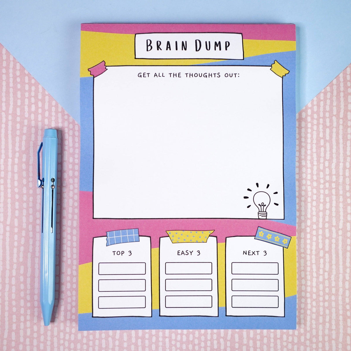 Brain dump notepad full front view, bright colourful mental health stationery
