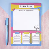 Brain dump notepad full front view, bright colourful mental health stationery