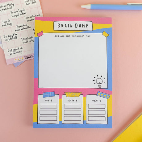 Brain dump notepad with top 3, easy 3 and next 3 task sections, pink blue yellow