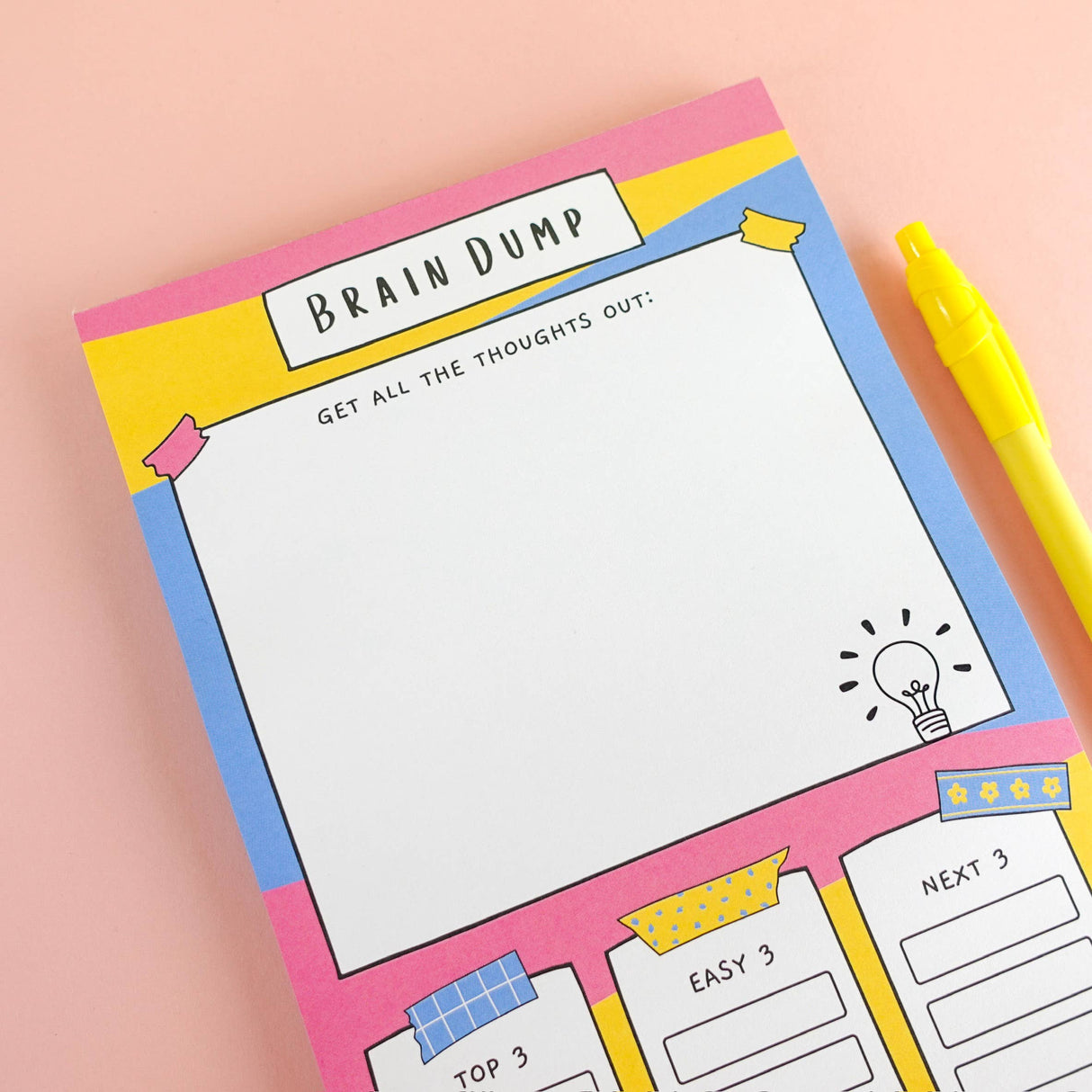 Brain dump notepad top writing section, pink yellow blue, mental wellness stationery