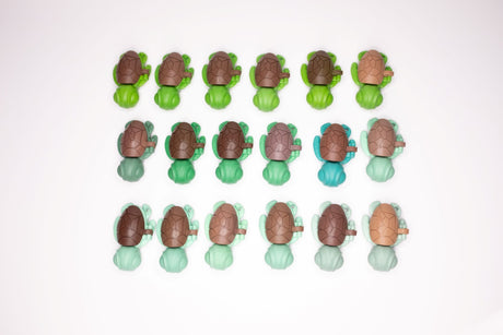 Calm Buddi Turtle fidget toys laid out in rows, green and teal Nature colourway, more overhead view