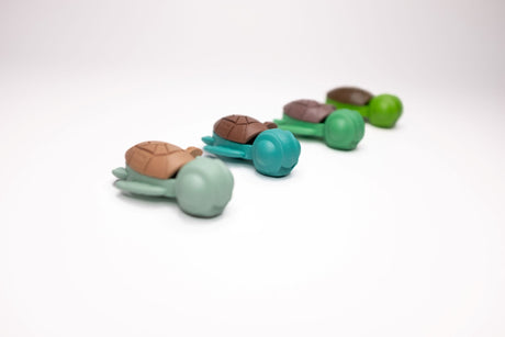 Calm Buddi Turtle sensory fidget toys lined up side-on, Nature colourway