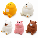 Five kawaii animal squishy toys set — chick, chick, polar bear, pig, brown bear