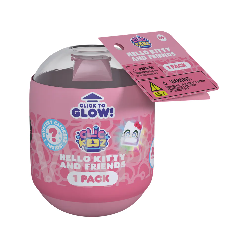 Pink Clickeez Hello Kitty and Friends mystery capsule packaging with click to glow feature