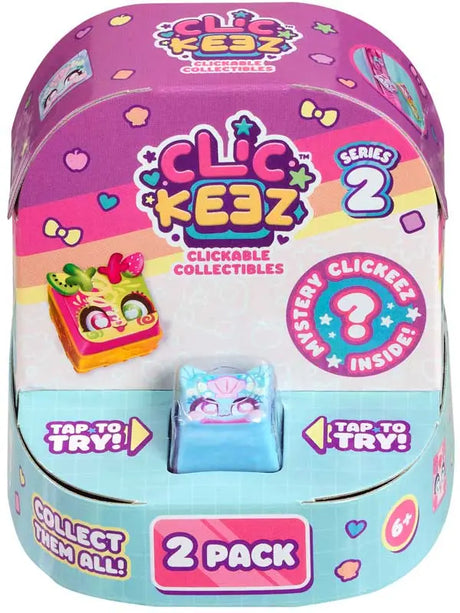 Clickeez Series 2 twin pack packaging showing two mystery clickable keyboard key collectibles with keychain