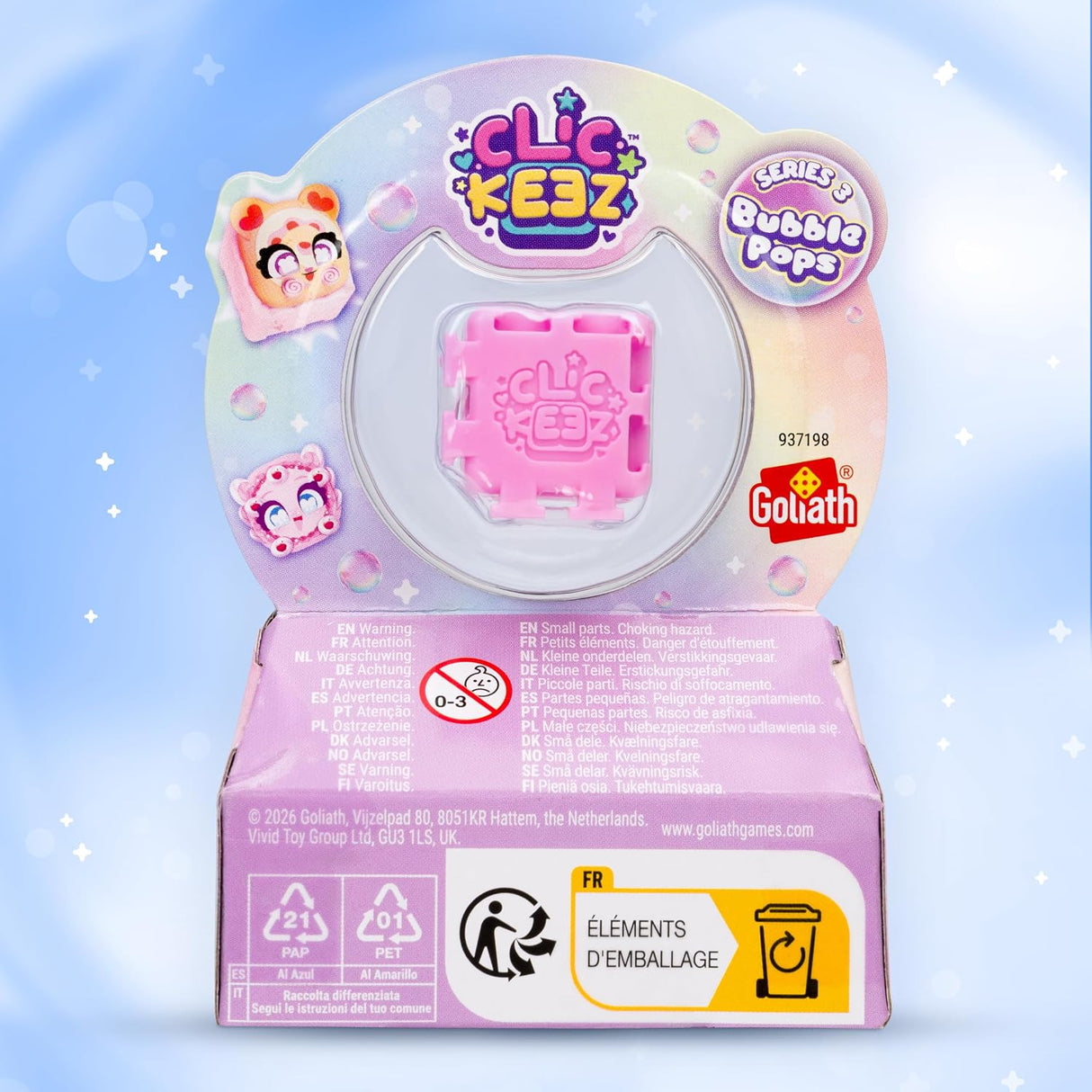 A packaged pink bubble pop toy from the brand Goliath, under the ClicKeez series. The product is shown in its retail packaging with a clear plastic top displaying the pink bubble pop, set against a light blue and white sparkly background.