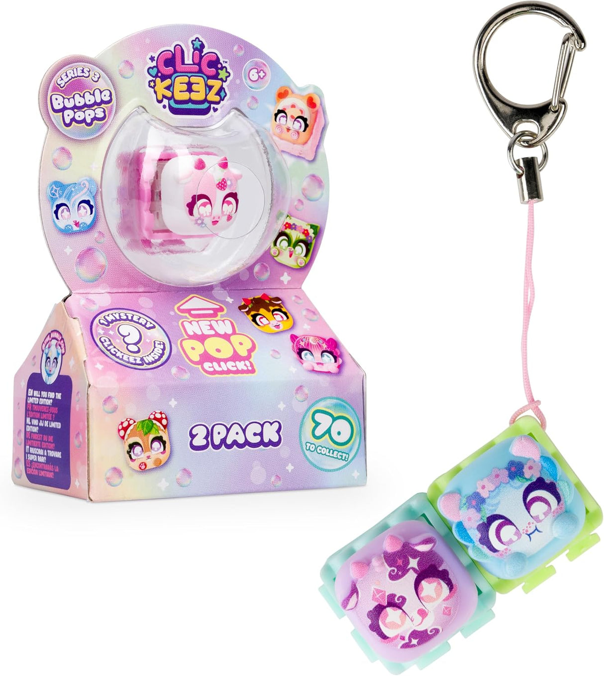 A 2-pack of ClicKezz Pop Bubble Pops keychain toys shown with their retail packaging on a white background. The set includes two small translucent bubble keychains with cartoon characters, one in pink and one in blue, each attached to a silver metal clip with a pink string.
