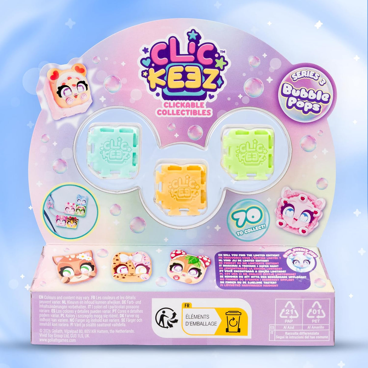 ClicKeez Clickable Collectibles Series 10 Bubble Pops toy set in its original packaging, featuring three small colorful bubble pop containers and character illustrations on a pastel blue and pink background.