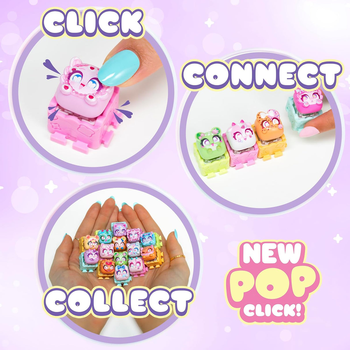 Promotional graphic for a toy set showing three circular usage panels and a 'NEW POP CLICK!' badge on a pastel purple background. The panels include a hand pressing a pink toy, multiple colorful toys being connected, and a hand holding a collection of small pop-up toys.