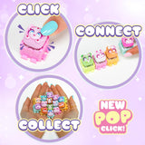 Promotional graphic for a toy set showing three circular usage panels and a 'NEW POP CLICK!' badge on a pastel purple background. The panels include a hand pressing a pink toy, multiple colorful toys being connected, and a hand holding a collection of small pop-up toys.
