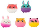 Cool Kawaii Mush-i-mals full collection showing five squishy animal characters: red cat, teal bunny, white bunny, yellow pig, and pink cat