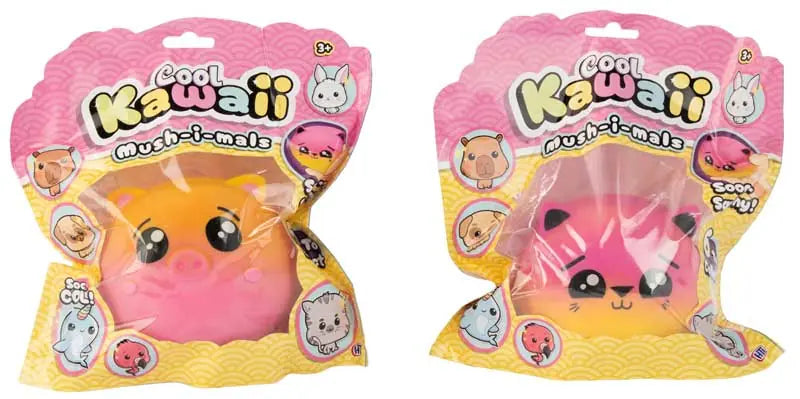 Cool Kawaii Mush-i-mals yellow pink pig and pink red cat squishy slow-rise toys in packaging