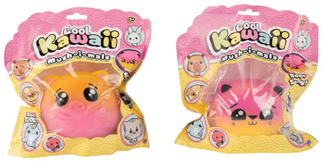 Cool Kawaii Mush-i-mals yellow pink pig and pink red cat squishy slow-rise toys in packaging