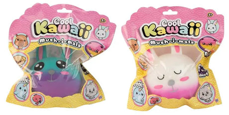 Cool Kawaii Mush-i-mals teal purple bunny and white pink bunny squishy toys shown in packaging